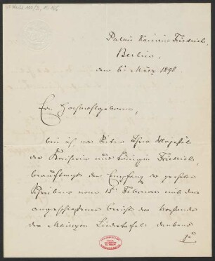 Brief an Ludwig Strecker  und Mainzer Liedertafel, B. Schott's Söhne : 06.03.1898