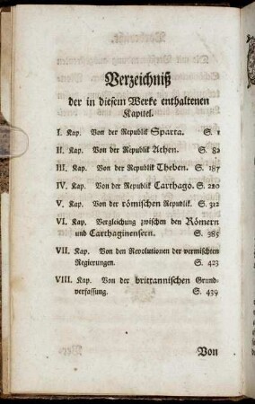 Verzeichniß der in diesem Wercke enthaltenen Kapitel.