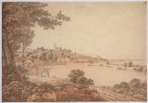 Ansicht von Briesnitz an der Elbe, sepiagetönte Umrissradierung, um 1810 : [Briesnitz bei Dresden vom linken Elbufer] / [Adrian Zingg]. - [S.l.] , [ca. 1810?]. - 1 Kunstbl. : getönte Radierung ; 45 x 31 cm