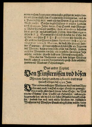 Das ander Capitel. von Finsternissen und bösen Aspecten/ sampt andern influentiis/ und was heirauff erfolgen deß 1591. Jars.