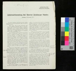 Jahresversammlung des Vereins Hamburger Rheder, Hamburg, 20. Oktober 1915