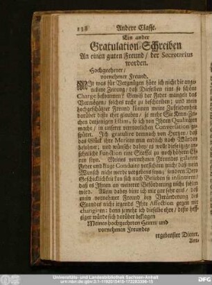 Ein ander Gratulation-Schreiben An einen guten Freund, der Secretarius worden.