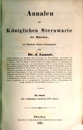 Annalen der Königlichen Sternwarte bei München, 11 = 26 d. Gesamtw. 1862