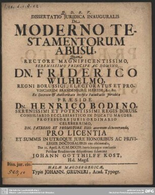Dissertatio Iuridica Inauguralis De Moderno Testamentorum Abusu