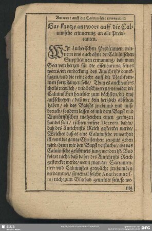Gar kurtze antwort auff Calvinische erinnerung an alle Predicanten