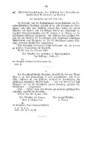 Militärberechtigung der Schüler der Dorotheenstädtischen Realschule zu Berlin : [II. Gymnasien und Realschulen]