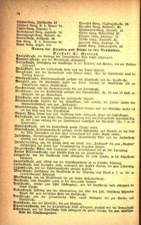 Namen der Straßen und Plätze in den Vorstädten.