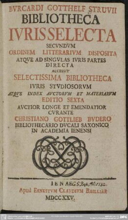 Burcardi Gotthelf Struvii Bibliotheca Iuris Selecta : Secundum Ordinem Litterarium Disposita Atque Ad Singulas Iuris Partes Directa