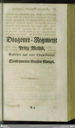 Dragoner-Regiment Prinz Wallis : Bestehet aus vier Esquadrons. Standquartier Grossen Munzel