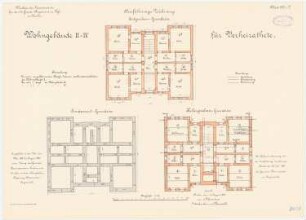 Kaserne des 4. Garderegiments zu Fuß, Berlin-Moabit: Wohngebäude II - IV für Verheiratete: Grundriss Fundament, Kellergeschoss, Erdgeschoss 1:100