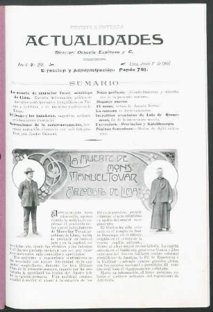 La muerte de monseñor Manuel Tovar, arzobispo de Lima.