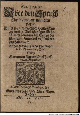 Eine Predigt über den Spruch Christi, Luc. am neundten Capitel