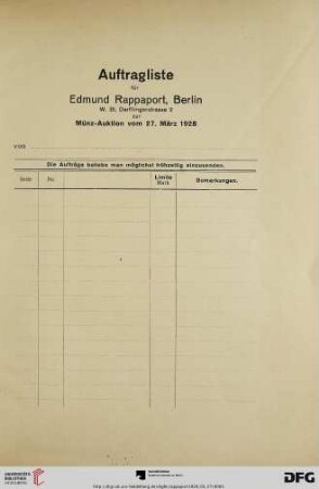 Auftragsliste für Edmund Rappaport, Berlin