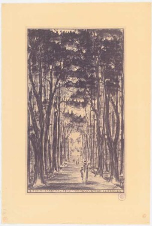 Ehrenmal Pichelswerder, Berlin-Spandau: Perspektivische Ansicht mit Blick in den Seitenweg, Stempel