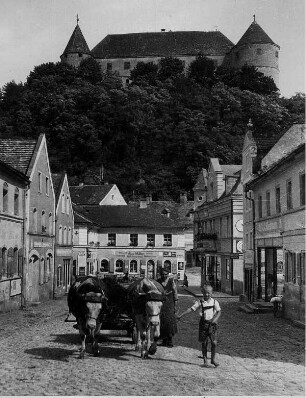Wörth an der Donau (Oberpfalz). Blick auf den Marktplatz. Im Vordergrund ein, von einem Jungen geführtes, Ochsengespann. Im Hintergrund das Wahrzeichen der Stadt - das Schloss Wörth