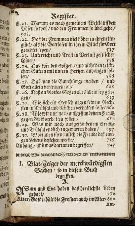 I. Blat-Zeiger der merckwürdigsten Sachen/ so in diesem Buch begriffen.