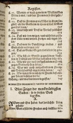 I. Blat-Zeiger der merckwürdigsten Sachen/ so in diesem Buch begriffen.