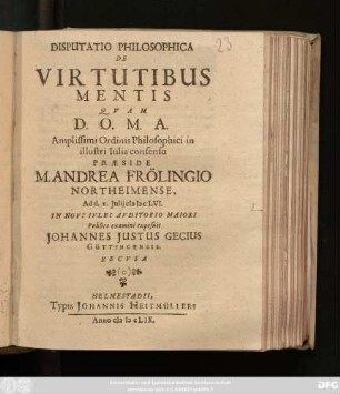Disputatio Philosophica De Virtutibus Mentis