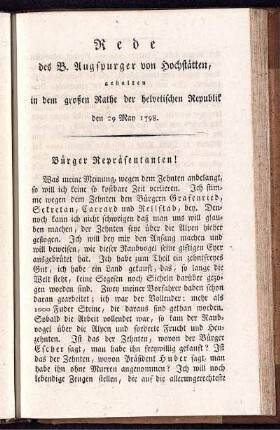 Rede des B. Augspurger von Hochstätten, gehalten in dem großen Rathe der helvetischen Republik den 29 May 1798.