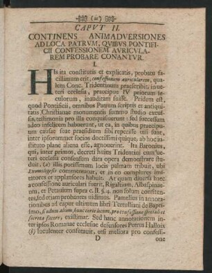 Caput II. Continens Animadversiones Adloca Patrum, Quivus Pontificii Confessionem Auricularem Probare Conantur