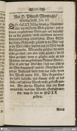 Am H. Pfingst-Montage, Evangelium Joh. III