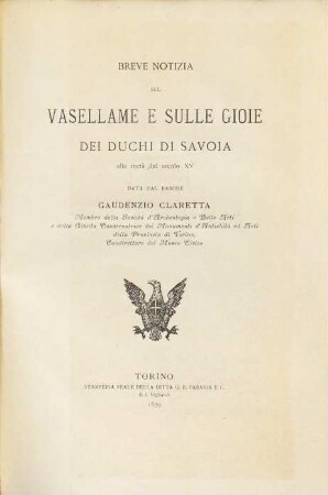 Breve notizia sul vasellame e sulle gioie dei duchi di Savoia : alla metà del secolo XV