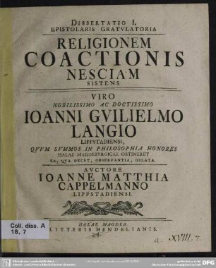 Dissertatio I. Epistolaris Gratulatoria Religionem Coactionis Nesciam Sistens