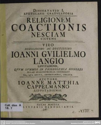 Dissertatio I. Epistolaris Gratulatoria Religionem Coactionis Nesciam Sistens