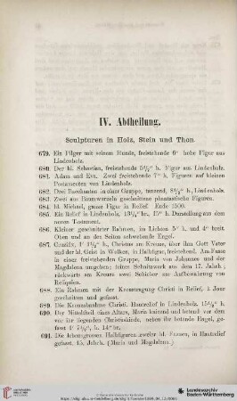 IV. Abtheilung: Sculpturen in Holz, Stein und Thon (Nro. 679 - 813q)