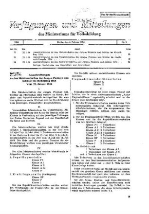 Ausschreibungen zu den Meisterschaften der Jungen Pioniere und Schüler im Modellflug 1954 : 22/54 vom 22. Januar 1954