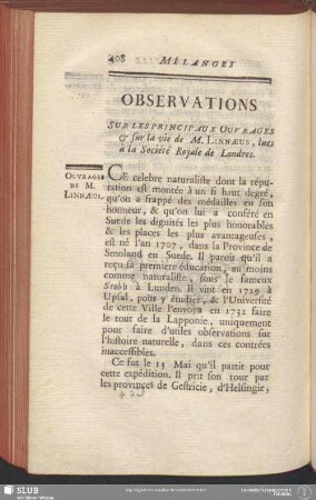 Observations Sur Les Principaux Ouvrages & sur la vie de M. Linnaeus, lues à la Société Royale de Londres