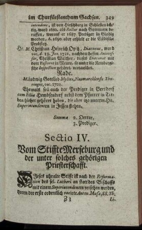 Sectio IV. Vom Stiffte Merseburg und der unter solches gehörigen Priesterschafft.