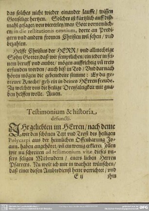 Lebenslauf : Testimonium & historia defuncti