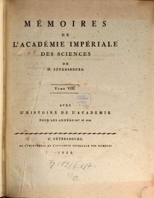 Mémoires de l'Académie Impériale des Sciences de St. Pétersbourg. 8. 1817/18 (1822)