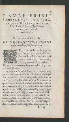 Pauli Frisii Laubanensis Comparationum Dialecticarum Liber secundus de Dispositione axiomatica, seu de Propositione.