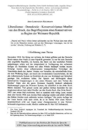 Liberalismus – Demokratie – Konservatismus. Moeller van den Bruck, das Begriffssystem eines Konservativen zu Beginn der Weimarer Republik