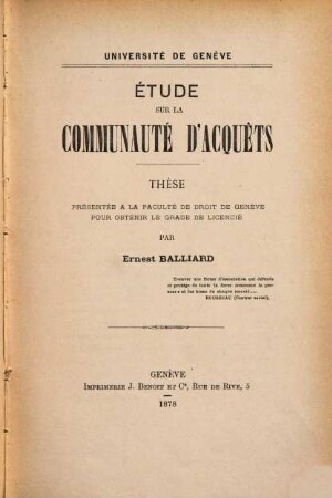Étude sur la communauté d'acquêts : Université de Genève