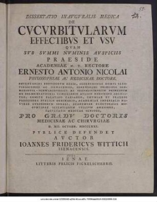 Dissertatio Inavgvralis Medica De Cvcvrbitvlarvm Effectibvs Et Vsv