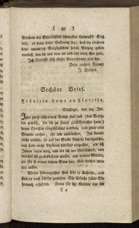 Sechster Brief. Fräulein Howe an Clarissa. - Achter Brief. Clarissa an Fräulein Howe.