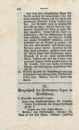 XI. Verzeichniß der Freimaurer-Logen in Deutschland.