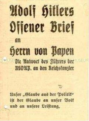 Offener Brief Hitlers an Reichskanzler von Papen