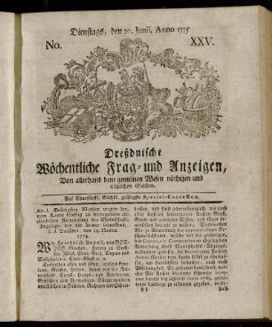 No. XXV. Dienstags, den 20. Junii, Anno 1775. - No. XXX. Dienstags, den 25. Julii, Anno 1775.