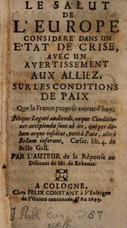 Le salut de l'Europe considéré dans un état de crise