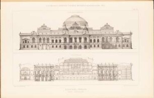 Reichstag, Berlin Zweiter Wettbewerb: Ansicht von der Sommerstraße, Längsschnitt (aus: Sammelmappe hervorragender Konkurrenzentwürfe H. 6, hrsg.v. K.E.O. Fritsch, 1883)
