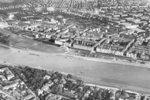 Dresden. Neustadt, Elbe mit Wasserflugplatz und Johannstadt. Luftbild-Schrägaufnahme von Nordwest