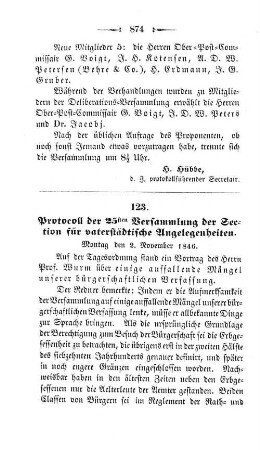 123. Protocoll der 25sten Versammung der Section für vaterstädtische Angelegenheiten. : Montag den 2. November 1846.