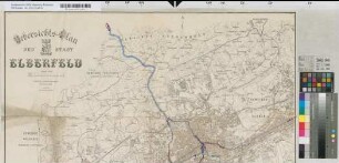 Uebersichts-Plan der Stadt Elberfeld [Eingez.: Vorschläge für drei Fahrtrouten im Rahmen der kommunalen Neugliederungsverhandlungen]. [Vorlage:] Angefertigt im Stadtvermessungsamt 1925. Zumpfort, Vermessungsdirektor.-Verlag: Stadt Elberfeld, Vermessungsamt.-Druck: Bergische Lichtpauseanstalt GmbH Barmen