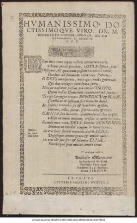 Humanissimo Doctissimoque Viro, Dn. M. Benedicto Cottae, Sponso, Amico Honorando Et Dilecto S. P. P.