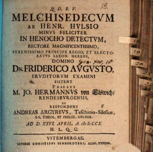Melchisedecvm Ab Henr. Hvlsio Minvs Feliciter In Henocho Detectvm