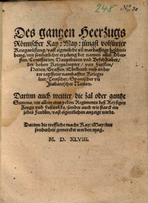 Des gantzen Heerzugs Römischer Kay. May. jüngst volfürter Kriegsrüstung, vast eigentliche ... beschreibung ...